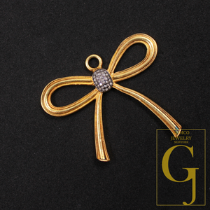 Designer Bow Pendant Rosecut Pave Diamond Pendant - Sterling Silver Handmade Diamond Charm Jewelry Gift For Her