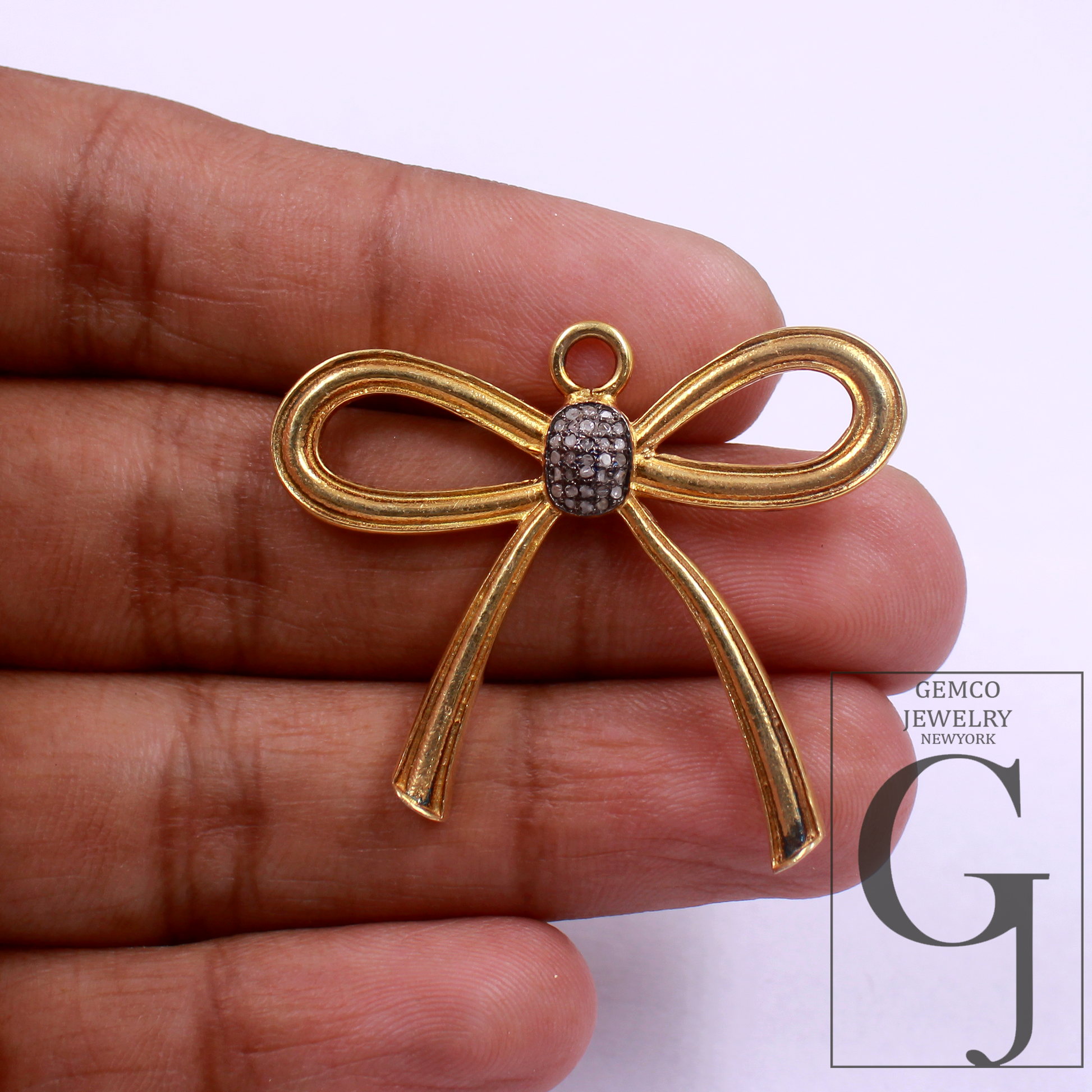 Designer Bow Pendant Rosecut Pave Diamond Pendant - Sterling Silver Handmade Diamond Charm Jewelry Gift For Her