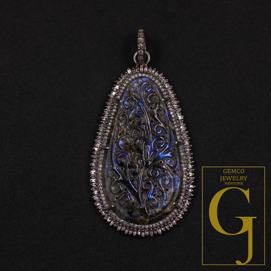 Labradorite Carving Pendant With Baguettes Diamonds - 925 Sterling Silver Handmade Pave Diamonds Jewelry Gift For Her