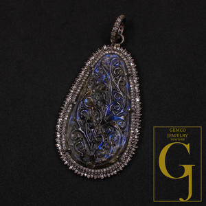 Labradorite Carving Pendant With Baguettes Diamonds - 925 Sterling Silver Handmade Pave Diamonds Jewelry Gift For Her