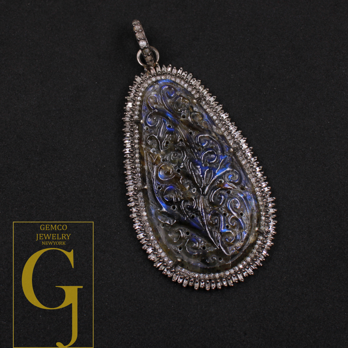 Labradorite Carving Pendant With Baguettes Diamonds - 925 Sterling Silver Handmade Pave Diamonds Jewelry Gift For Her