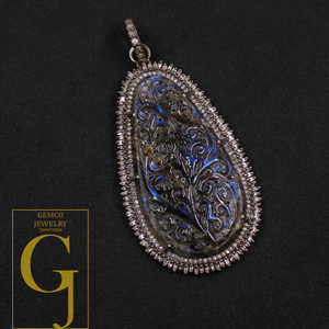Labradorite Carving Pendant With Baguettes Diamonds - 925 Sterling Silver Handmade Pave Diamonds Jewelry Gift For Her