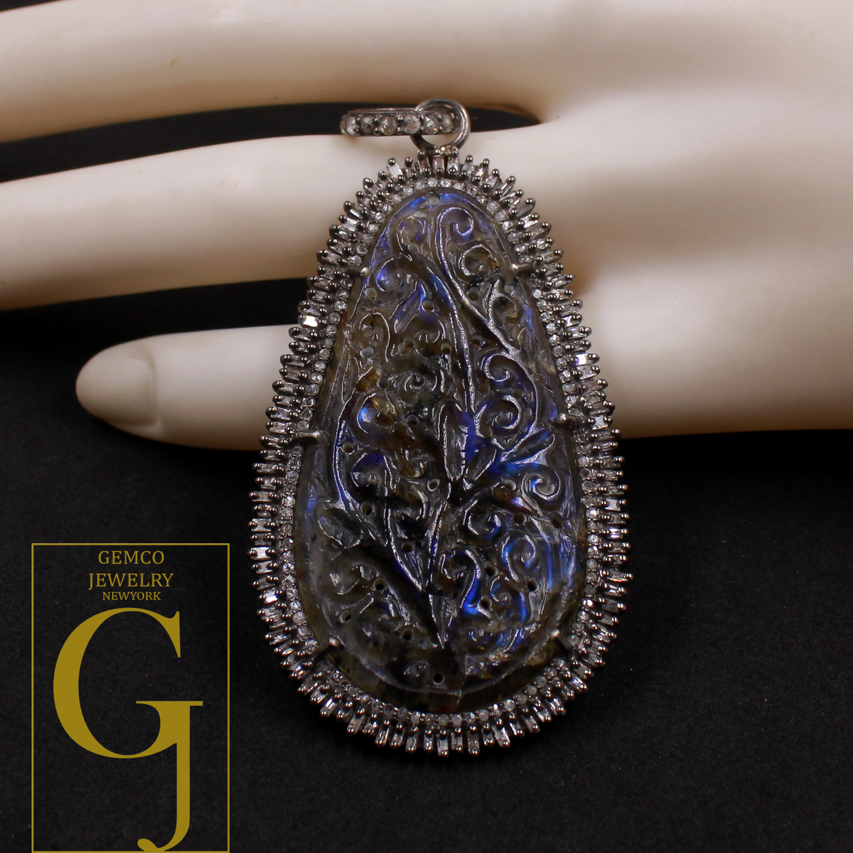 Labradorite Carving Pendant With Baguettes Diamonds - 925 Sterling Silver Handmade Pave Diamonds Jewelry Gift For Her