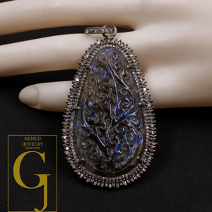 Labradorite Carving Pendant With Baguettes Diamonds - 925 Sterling Silver Handmade Pave Diamonds Jewelry Gift For Her