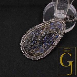 Labradorite Carving Pendant With Baguettes Diamonds - 925 Sterling Silver Handmade Pave Diamonds Jewelry Gift For Her