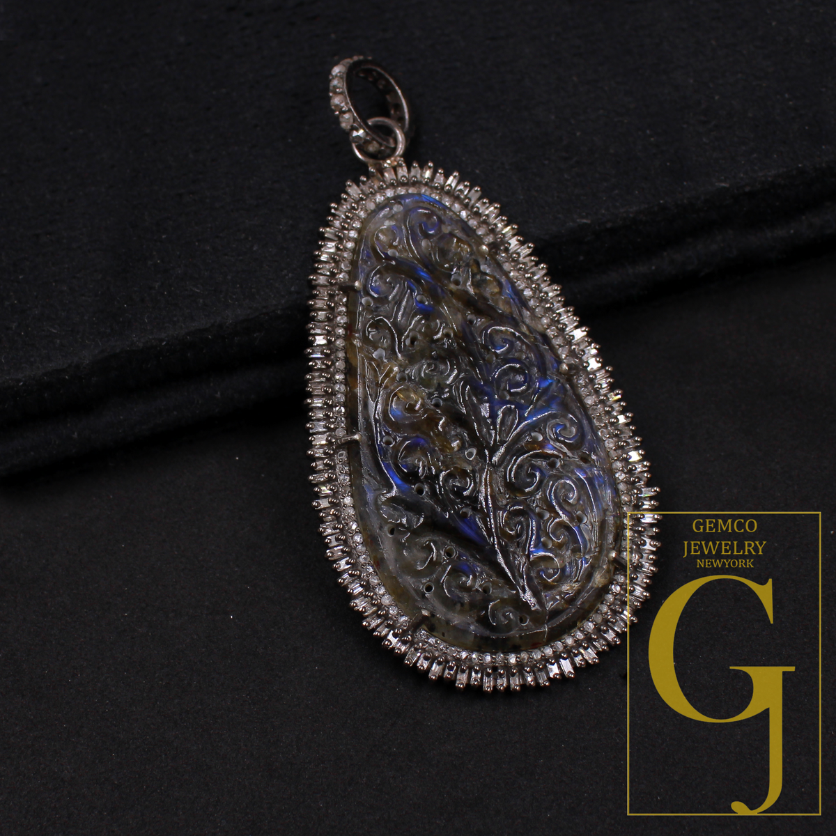 Labradorite Carving Pendant With Baguettes Diamonds - 925 Sterling Silver Handmade Pave Diamonds Jewelry Gift For Her