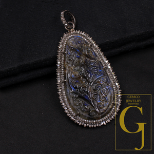 Labradorite Carving Pendant With Baguettes Diamonds - 925 Sterling Silver Handmade Pave Diamonds Jewelry Gift For Her