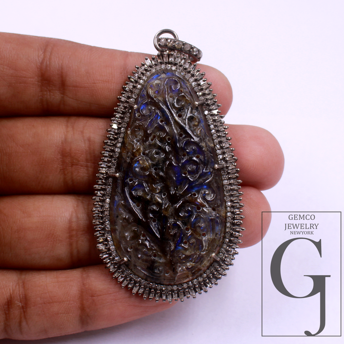 Labradorite Carving Pendant With Baguettes Diamonds - 925 Sterling Silver Handmade Pave Diamonds Jewelry Gift For Her