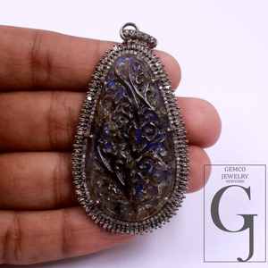 Labradorite Carving Pendant With Baguettes Diamonds - 925 Sterling Silver Handmade Pave Diamonds Jewelry Gift For Her