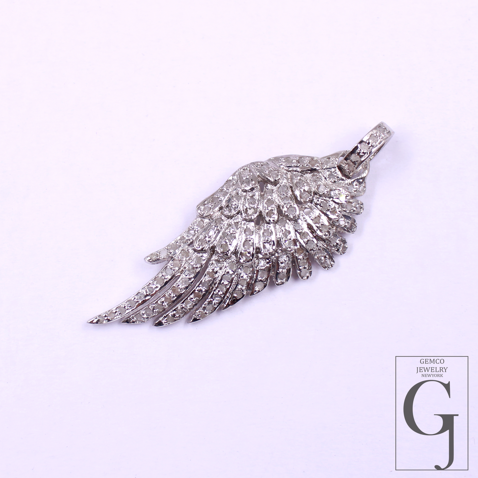 Designer Rosecut Pave Diamond Feather Pendant - 925 Sterling Silver Handmade Finish Diamond Jewelry Gift For Her