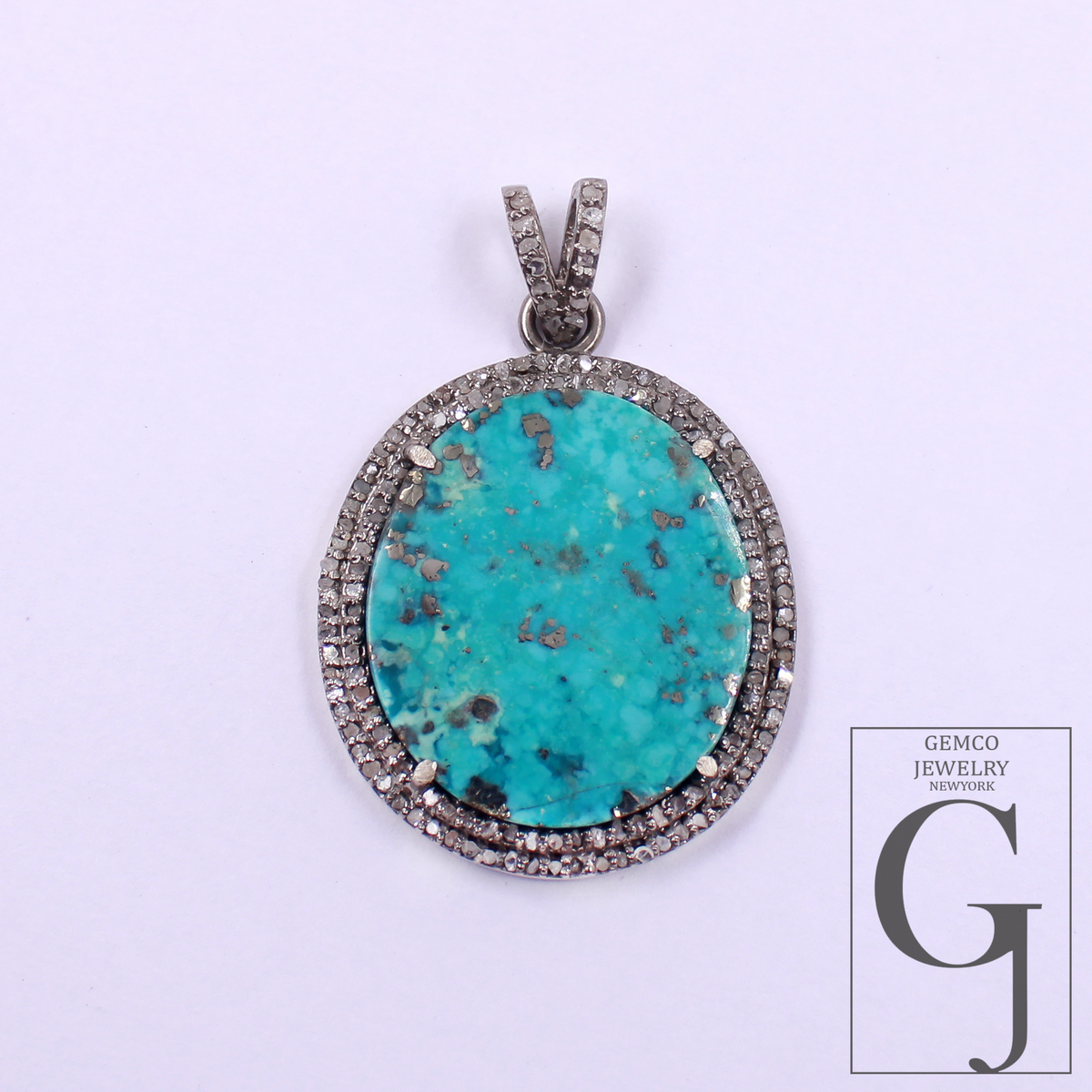 Beautiful Natural Turquoise Pendant With Rosecut Pave Diamond - Sterling Silver Handmade Finish Turquoise Jewelry