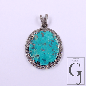 Beautiful Natural Turquoise Pendant With Rosecut Pave Diamond - Sterling Silver Handmade Finish Turquoise Jewelry