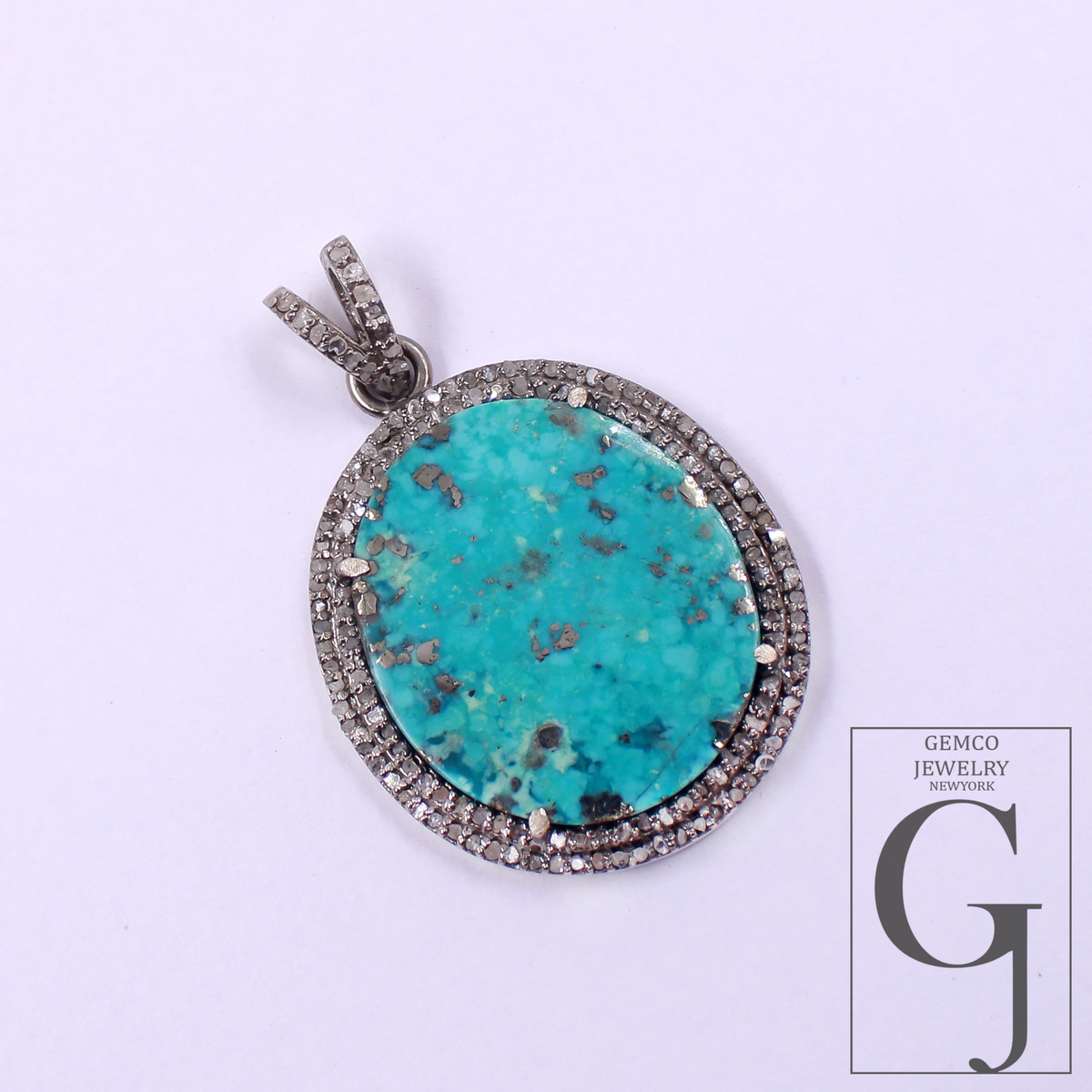 Beautiful Natural Turquoise Pendant With Rosecut Pave Diamond - Sterling Silver Handmade Finish Turquoise Jewelry