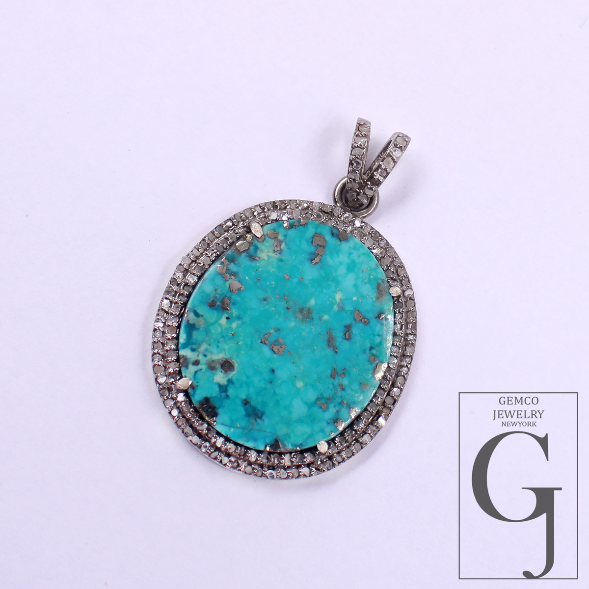 Beautiful Natural Turquoise Pendant With Rosecut Pave Diamond - Sterling Silver Handmade Finish Turquoise Jewelry