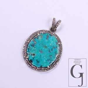 Beautiful Natural Turquoise Pendant With Rosecut Pave Diamond - Sterling Silver Handmade Finish Turquoise Jewelry