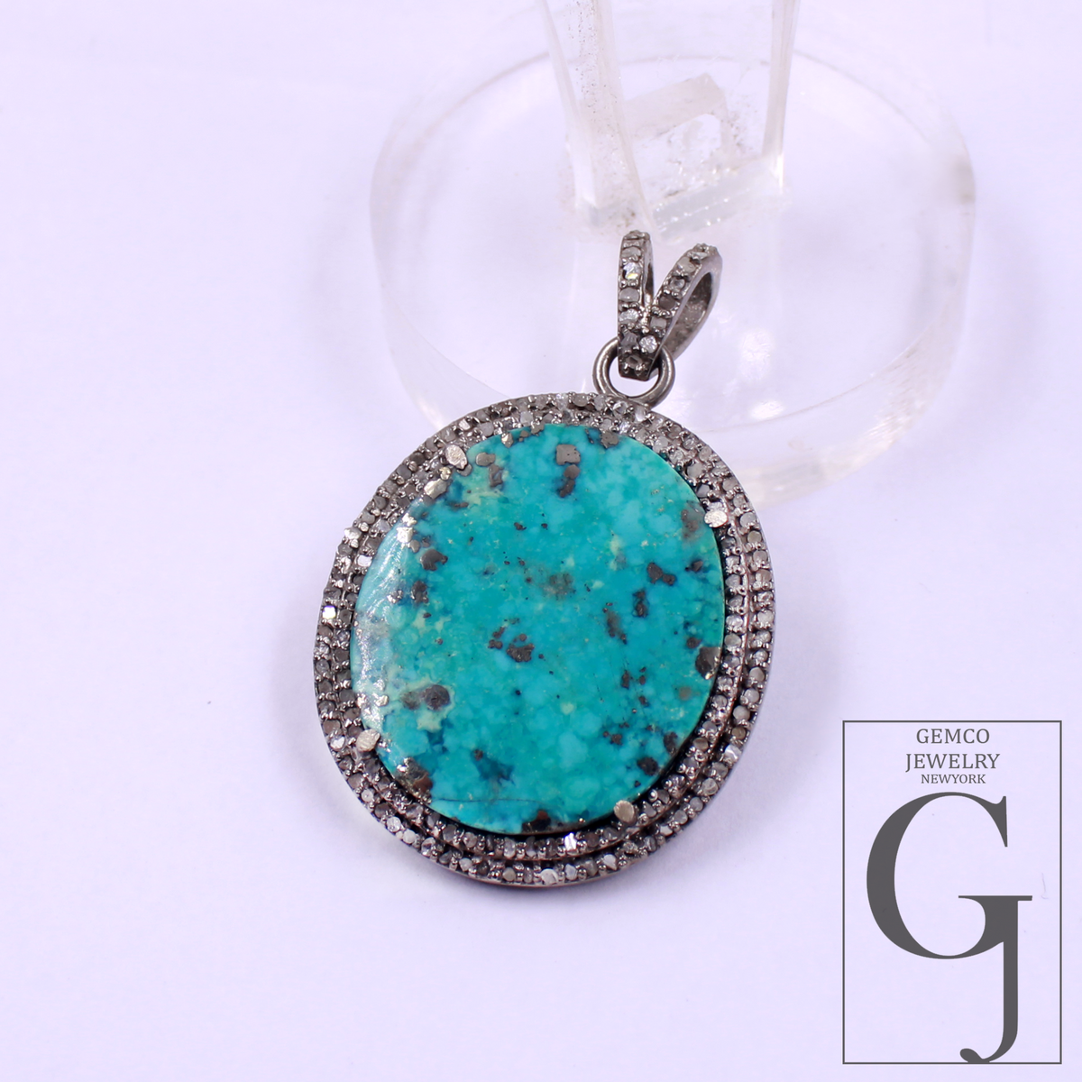 Beautiful Natural Turquoise Pendant With Rosecut Pave Diamond - Sterling Silver Handmade Finish Turquoise Jewelry