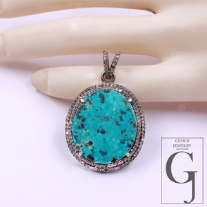 Beautiful Natural Turquoise Pendant With Rosecut Pave Diamond - Sterling Silver Handmade Finish Turquoise Jewelry