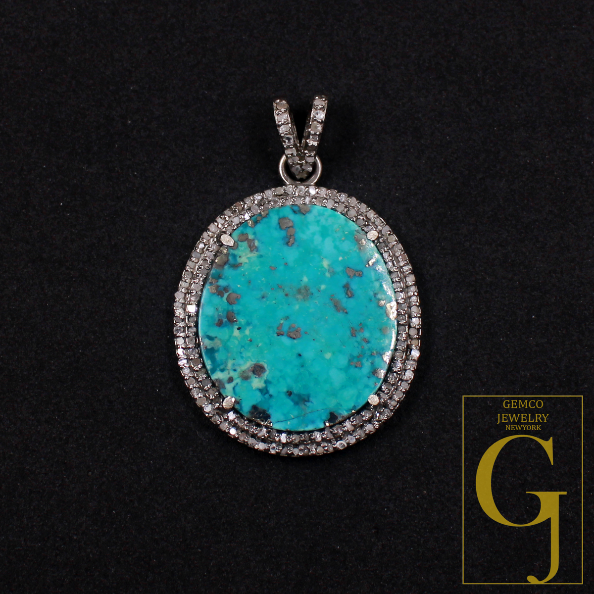 Beautiful Natural Turquoise Pendant With Rosecut Pave Diamond - Sterling Silver Handmade Finish Turquoise Jewelry