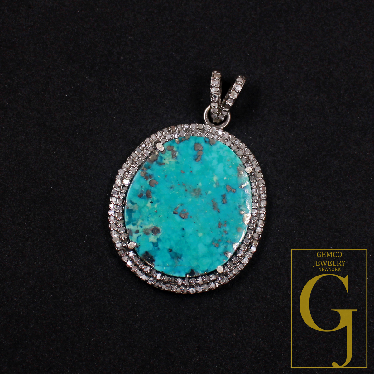 Beautiful Natural Turquoise Pendant With Rosecut Pave Diamond - Sterling Silver Handmade Finish Turquoise Jewelry