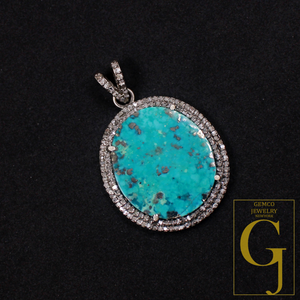 Beautiful Natural Turquoise Pendant With Rosecut Pave Diamond - Sterling Silver Handmade Finish Turquoise Jewelry