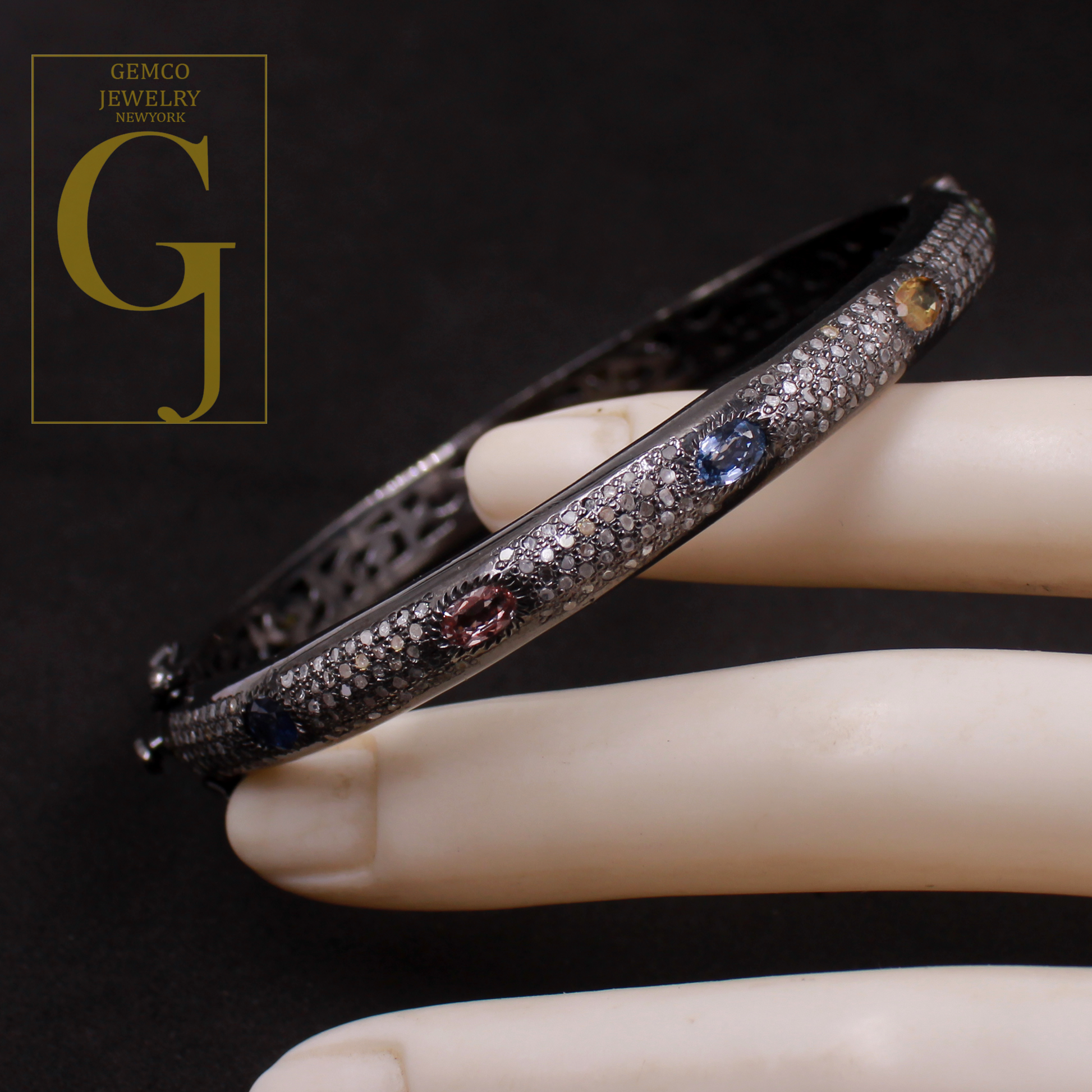 Natural Multi Sapphire Bracelet With Rosecut Pave Diamond - 925 Sterling Silver Handmade Finish Diamond Bracelet Gift For Her