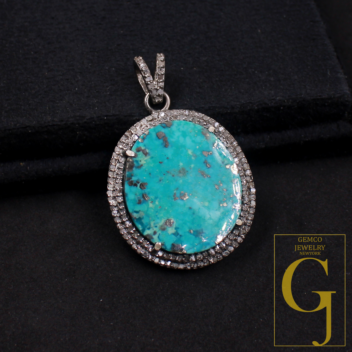 Beautiful Natural Turquoise Pendant With Rosecut Pave Diamond - Sterling Silver Handmade Finish Turquoise Jewelry