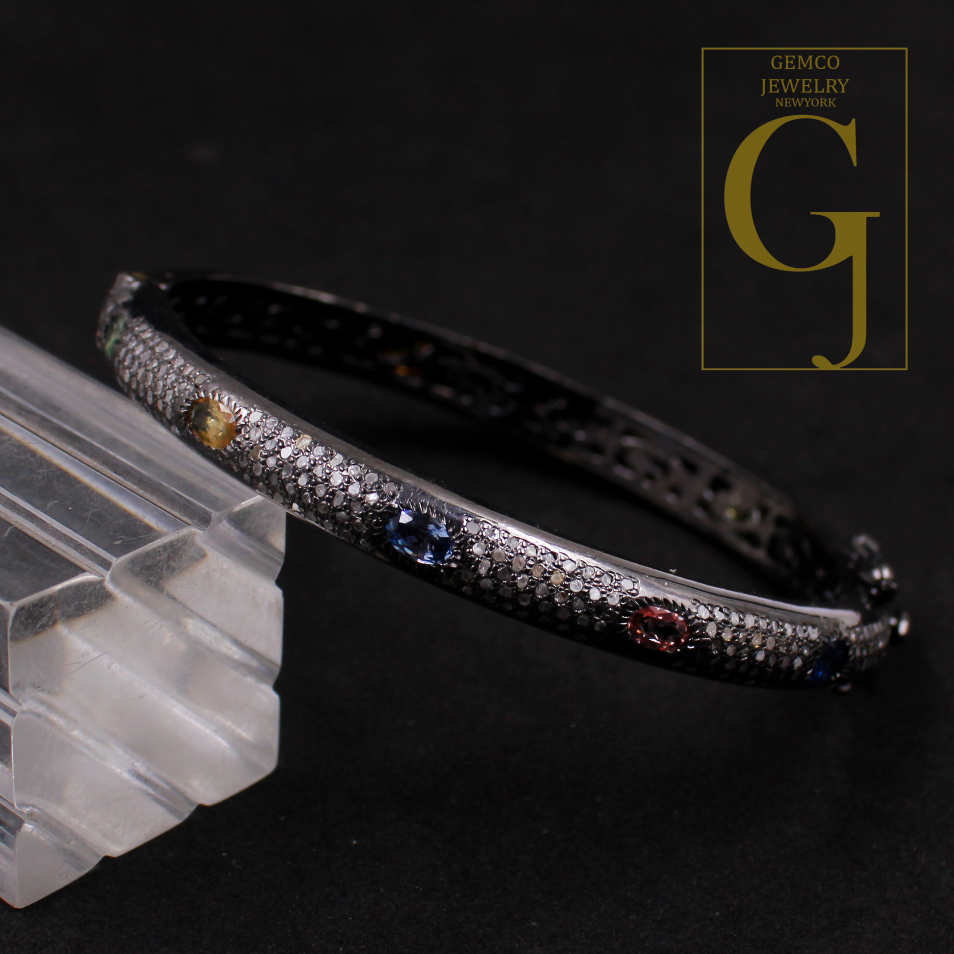 Natural Multi Sapphire Bracelet With Rosecut Pave Diamond - 925 Sterling Silver Handmade Finish Diamond Bracelet Gift For Her