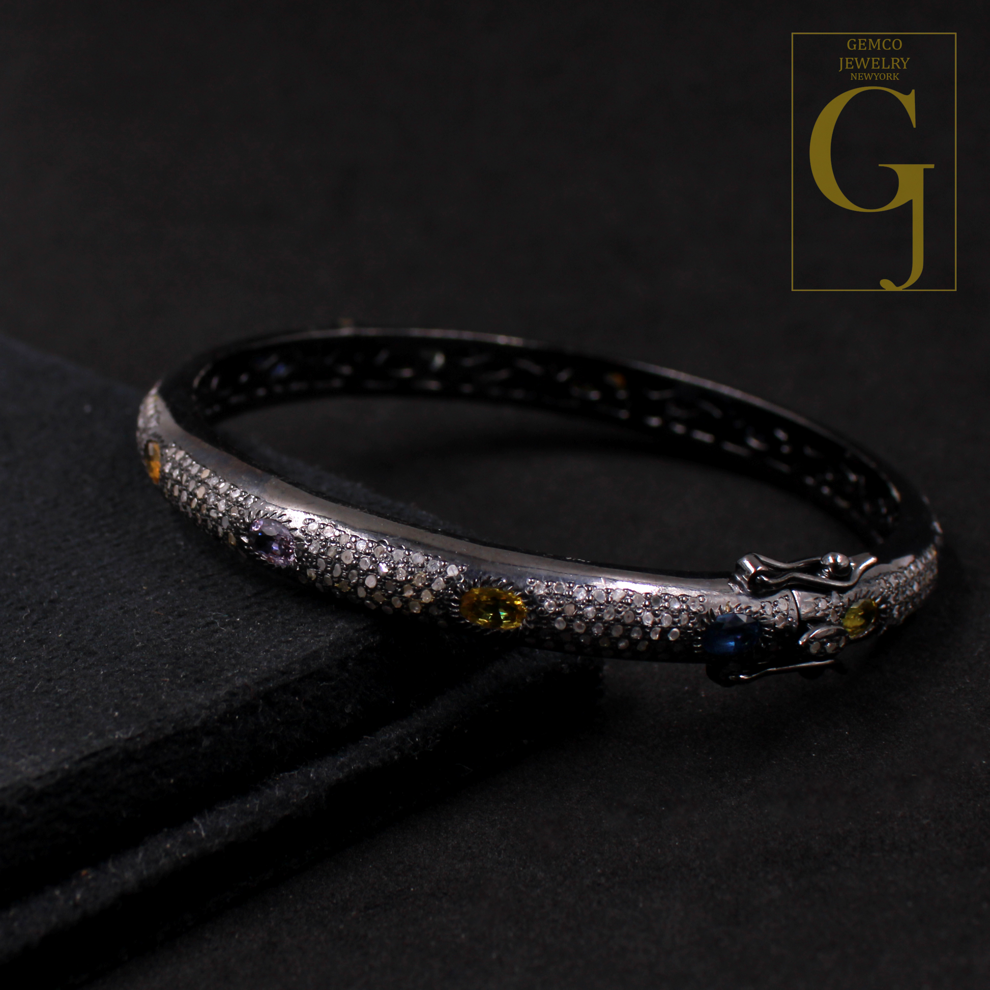 Natural Multi Sapphire Bracelet With Rosecut Pave Diamond - 925 Sterling Silver Handmade Finish Diamond Bracelet Gift For Her