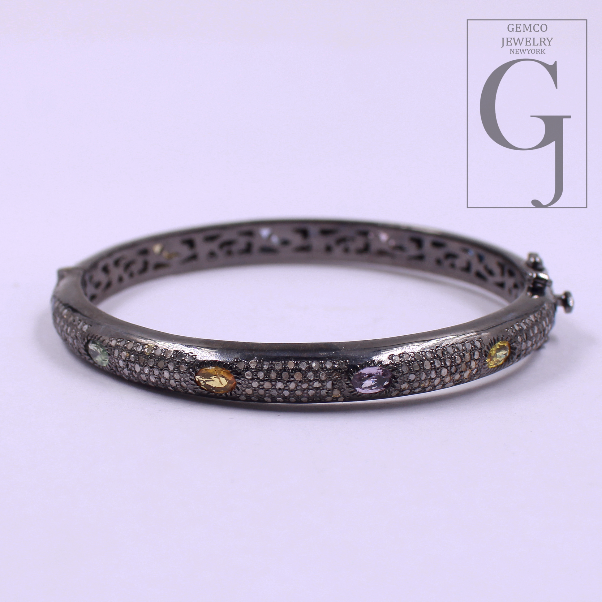 Natural Multi Sapphire Bracelet With Rosecut Pave Diamond - 925 Sterling Silver Handmade Finish Diamond Bracelet Gift For Her