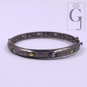Natural Multi Sapphire Bracelet With Rosecut Pave Diamond - 925 Sterling Silver Handmade Finish Diamond Bracelet Gift For Her