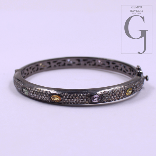 Natural Multi Sapphire Bracelet With Rosecut Pave Diamond - 925 Sterling Silver Handmade Finish Diamond Bracelet Gift For Her
