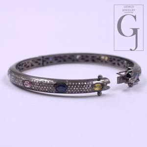 Natural Multi Sapphire Bracelet With Rosecut Pave Diamond - 925 Sterling Silver Handmade Finish Diamond Bracelet Gift For Her