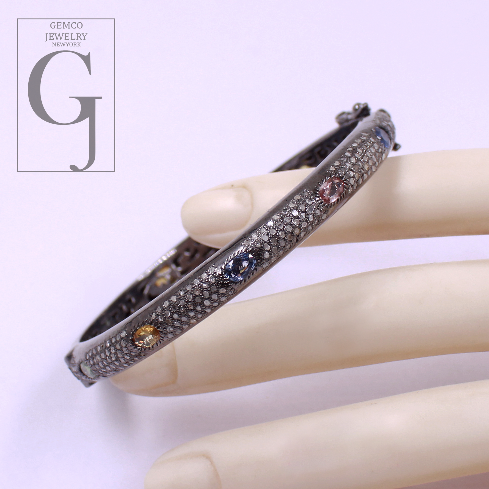 Natural Multi Sapphire Bracelet With Rosecut Pave Diamond - 925 Sterling Silver Handmade Finish Diamond Bracelet Gift For Her