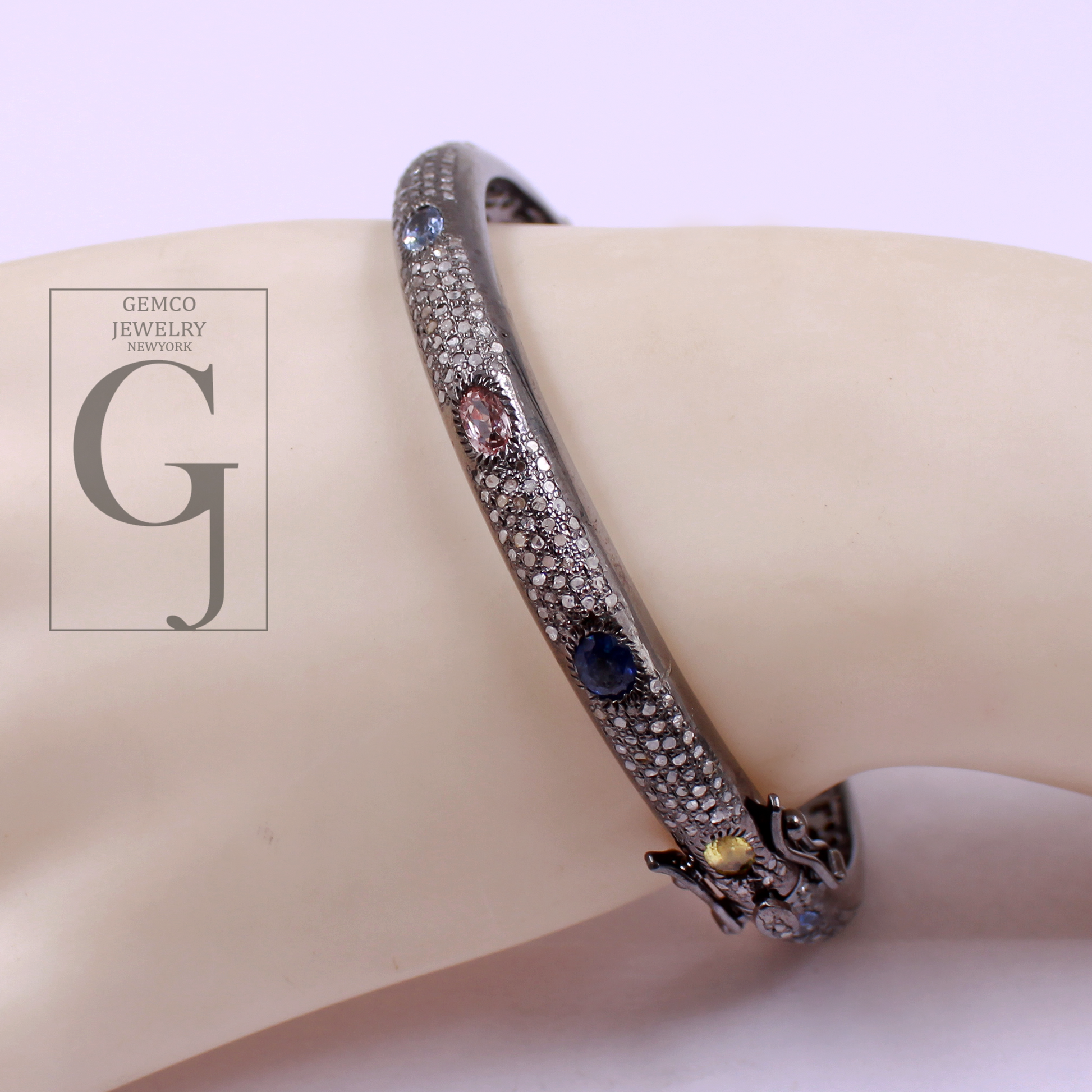Natural Multi Sapphire Bracelet With Rosecut Pave Diamond - 925 Sterling Silver Handmade Finish Diamond Bracelet Gift For Her