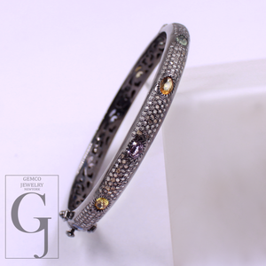 Natural Multi Sapphire Bracelet With Rosecut Pave Diamond - 925 Sterling Silver Handmade Finish Diamond Bracelet Gift For Her