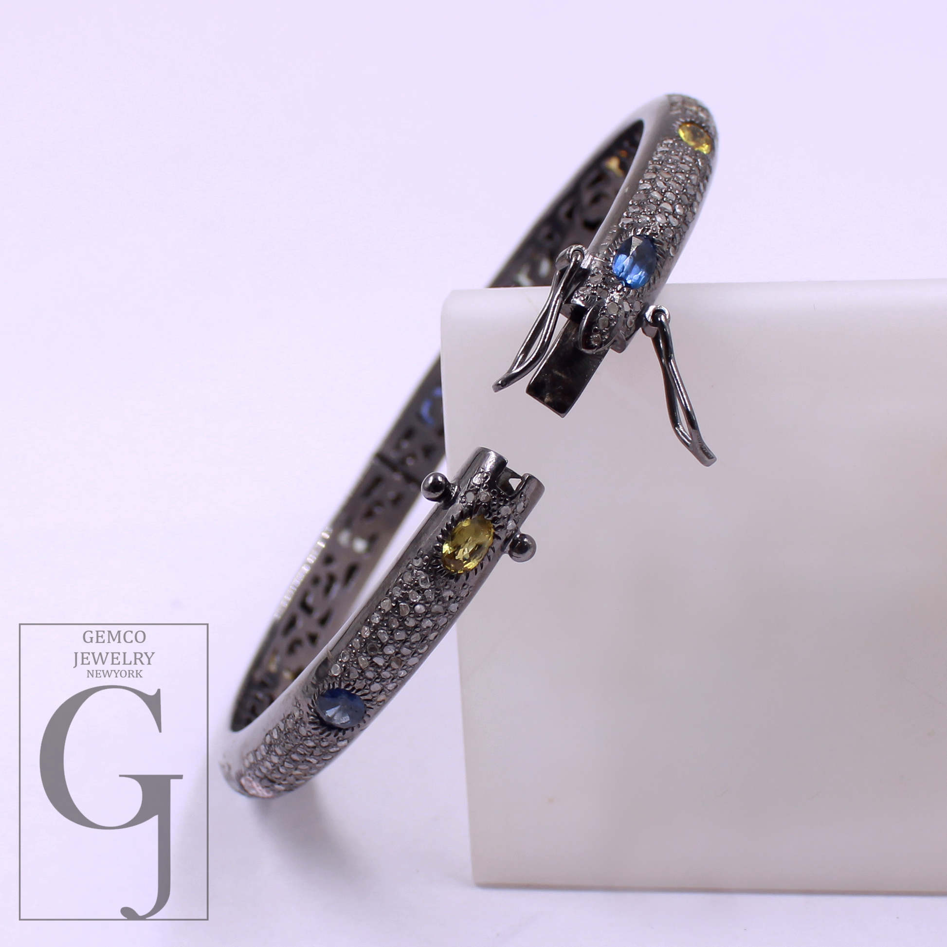 Natural Multi Sapphire Bracelet With Rosecut Pave Diamond - 925 Sterling Silver Handmade Finish Diamond Bracelet Gift For Her