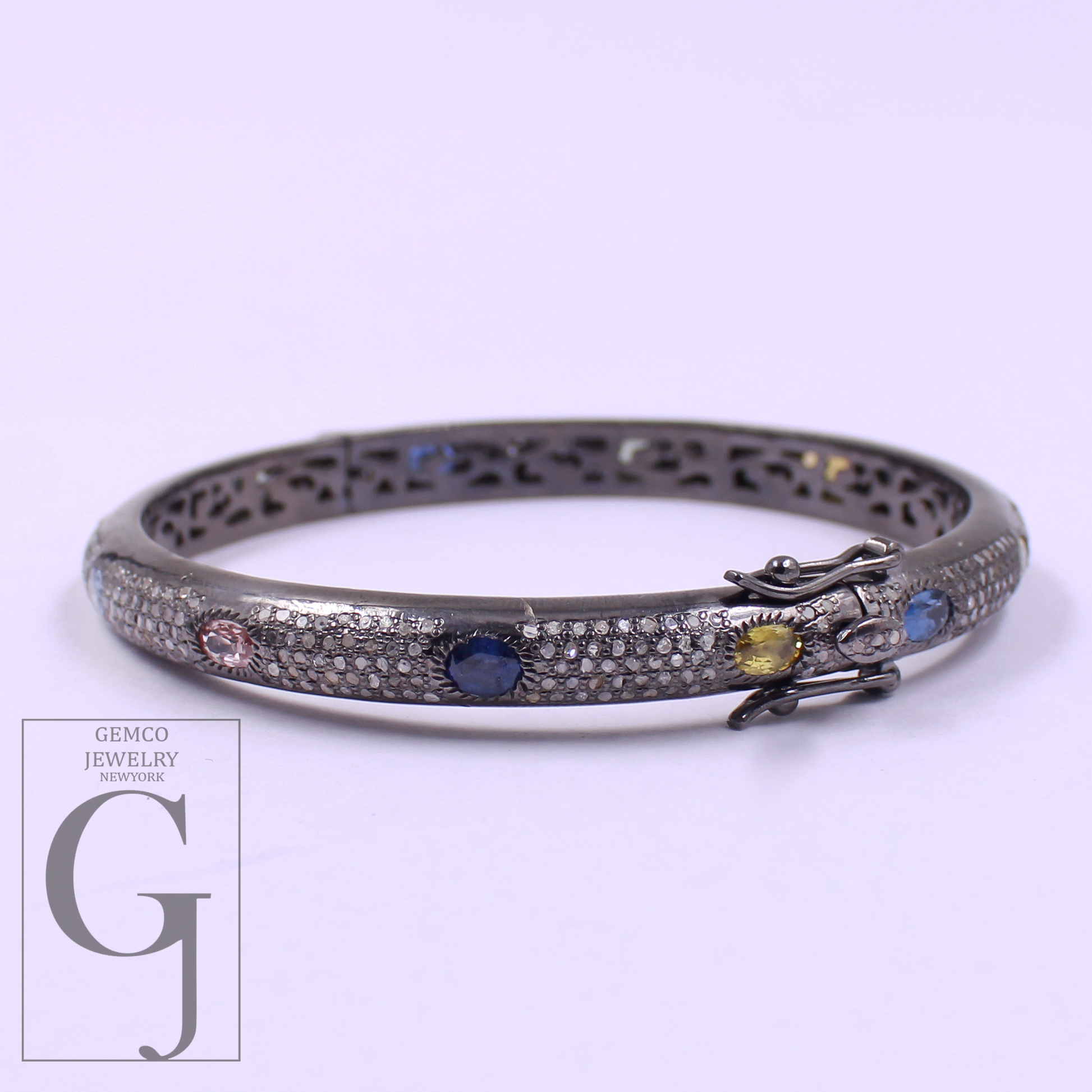 Natural Multi Sapphire Bracelet With Rosecut Pave Diamond - 925 Sterling Silver Handmade Finish Diamond Bracelet Gift For Her
