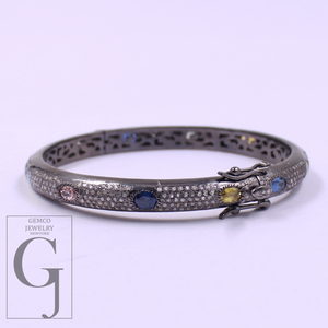 Natural Multi Sapphire Bracelet With Rosecut Pave Diamond - 925 Sterling Silver Handmade Finish Diamond Bracelet Gift For Her