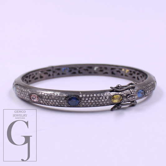 Natural Multi Sapphire Bracelet With Rosecut Pave Diamond - 925 Sterling Silver Handmade Finish Diamond Bracelet Gift For Her