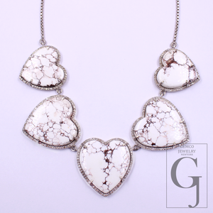Beautiful Heart Shape White Buffalo Turquoise Necklace With Rosecut Pave Diamond - Sterling Silver Handmade Designer Jewelry Gift For Her