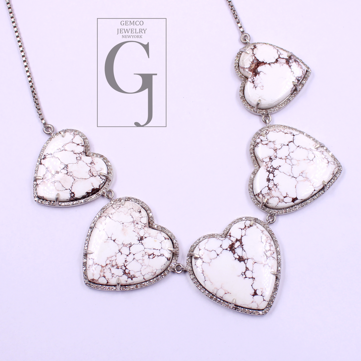Beautiful Heart Shape White Buffalo Turquoise Necklace With Rosecut Pave Diamond - Sterling Silver Handmade Designer Jewelry Gift For Her