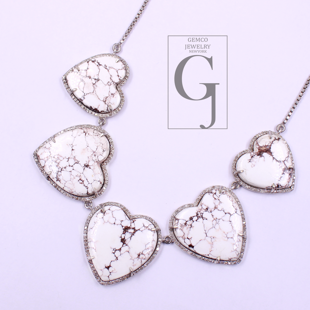 Beautiful Heart Shape White Buffalo Turquoise Necklace With Rosecut Pave Diamond - Sterling Silver Handmade Designer Jewelry Gift For Her