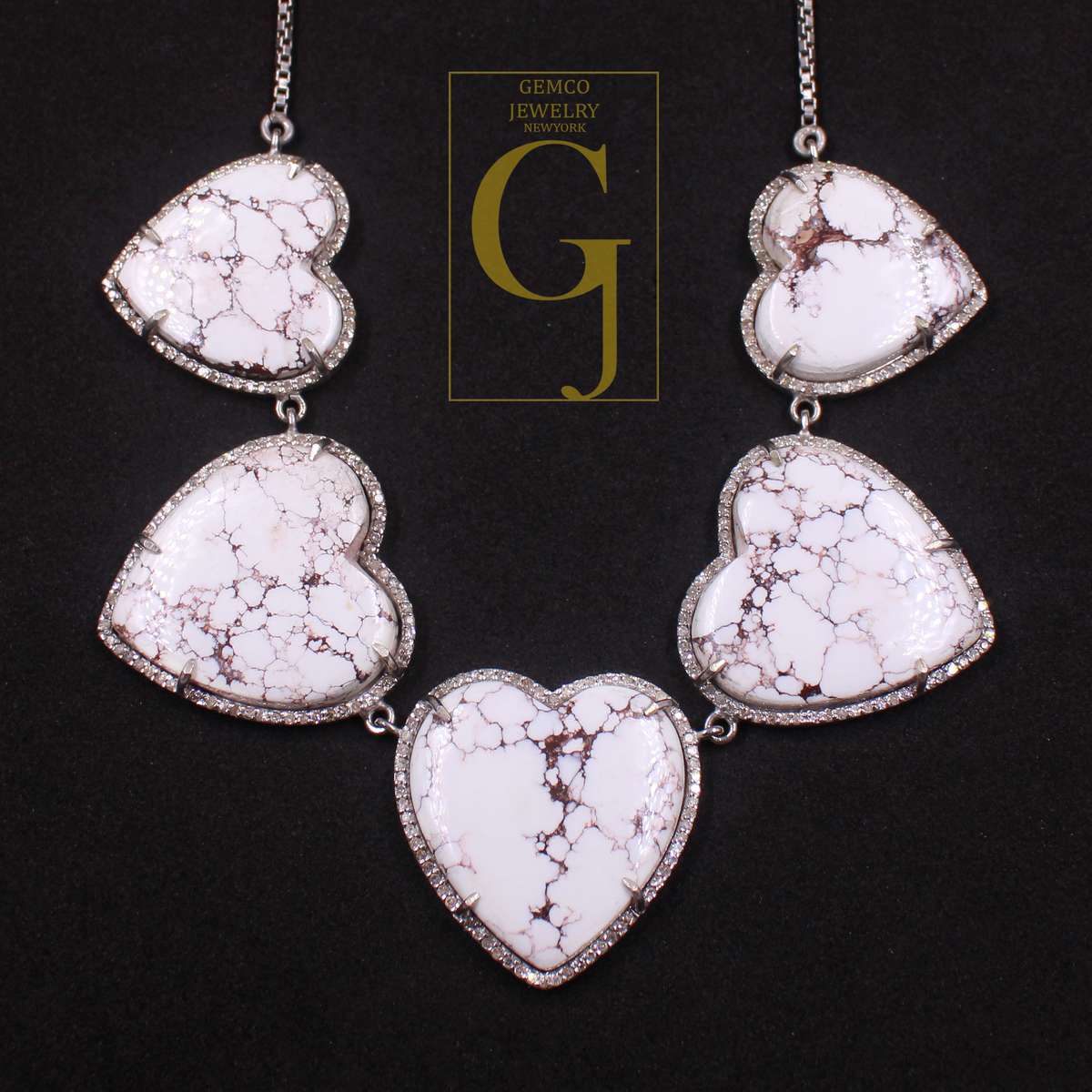 Beautiful Heart Shape White Buffalo Turquoise Necklace With Rosecut Pave Diamond - Sterling Silver Handmade Designer Jewelry Gift For Her