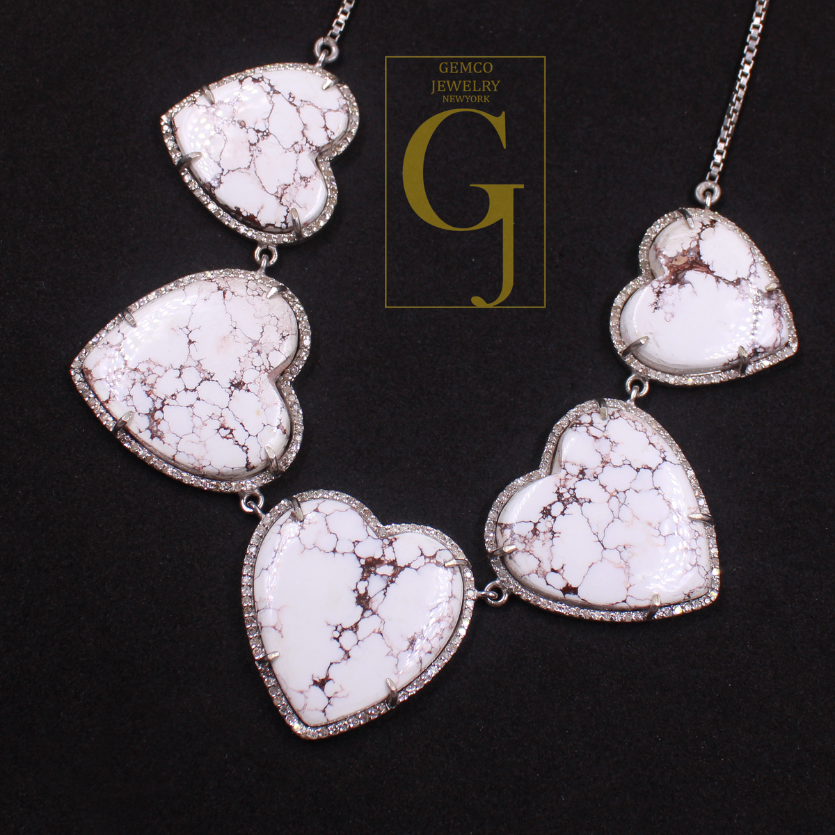 Beautiful Heart Shape White Buffalo Turquoise Necklace With Rosecut Pave Diamond - Sterling Silver Handmade Designer Jewelry Gift For Her