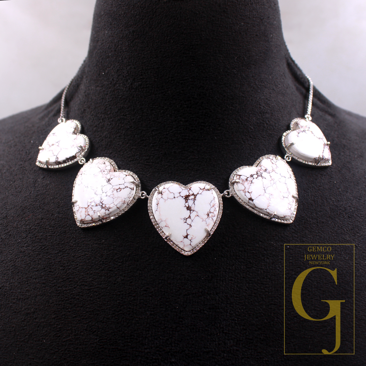 Beautiful Heart Shape White Buffalo Turquoise Necklace With Rosecut Pave Diamond - Sterling Silver Handmade Designer Jewelry Gift For Her