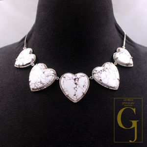Beautiful Heart Shape White Buffalo Turquoise Necklace With Rosecut Pave Diamond - Sterling Silver Handmade Designer Jewelry Gift For Her