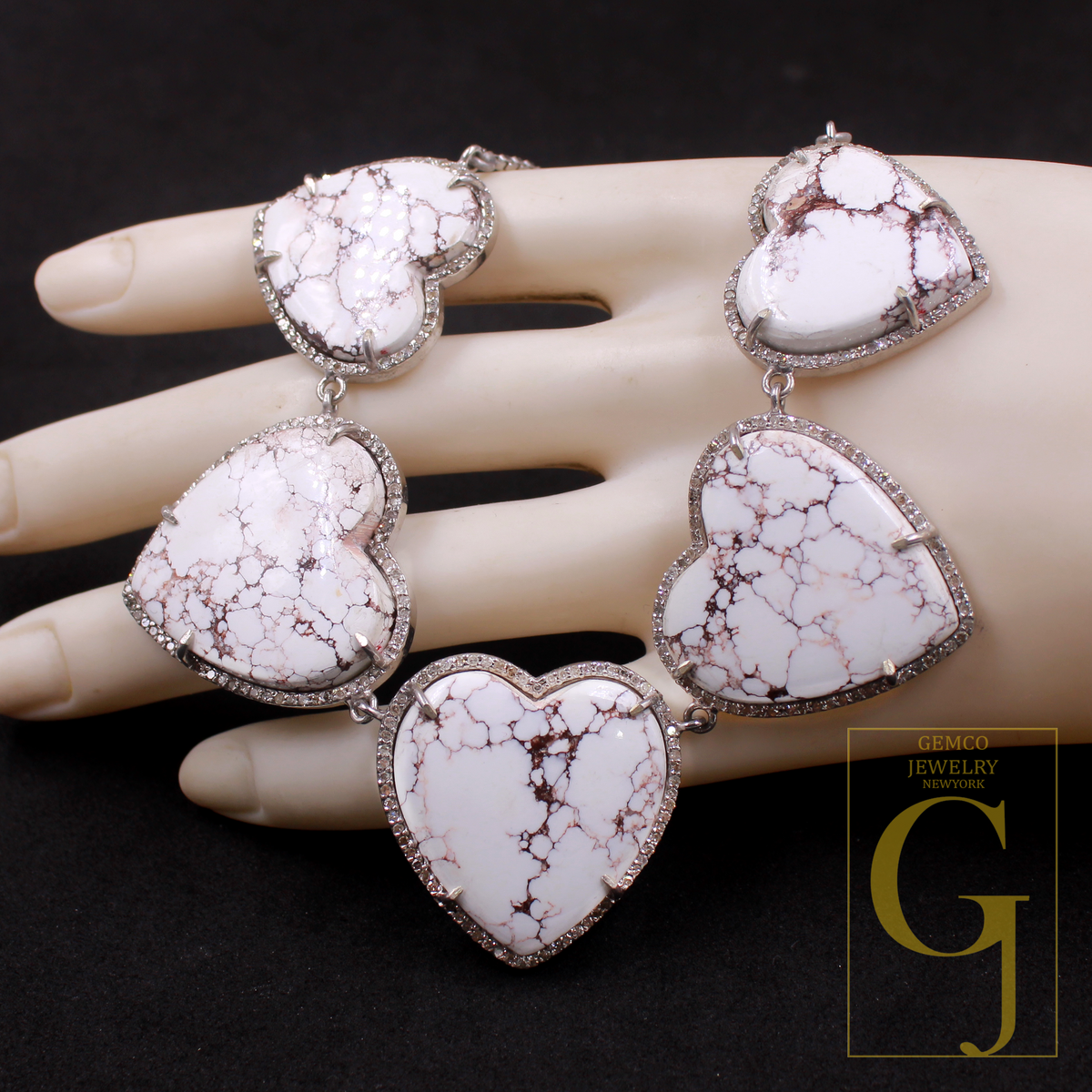 Beautiful Heart Shape White Buffalo Turquoise Necklace With Rosecut Pave Diamond - Sterling Silver Handmade Designer Jewelry Gift For Her