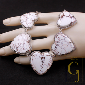 Beautiful Heart Shape White Buffalo Turquoise Necklace With Rosecut Pave Diamond - Sterling Silver Handmade Designer Jewelry Gift For Her