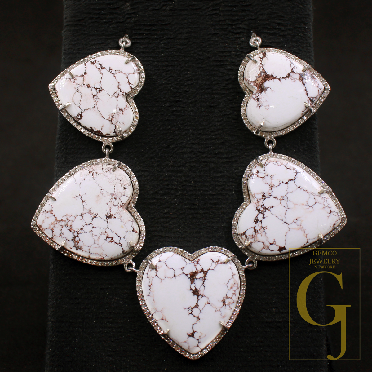 Beautiful Heart Shape White Buffalo Turquoise Necklace With Rosecut Pave Diamond - Sterling Silver Handmade Designer Jewelry Gift For Her
