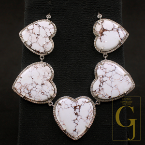 Beautiful Heart Shape White Buffalo Turquoise Necklace With Rosecut Pave Diamond - Sterling Silver Handmade Designer Jewelry Gift For Her
